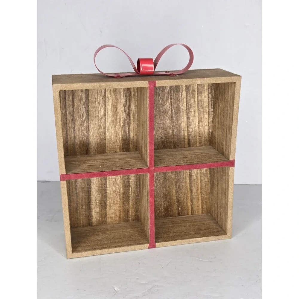 Wood Trinket Wall‎ Shelf Christmas Present Gift Package Red Metal Ribbon Bow